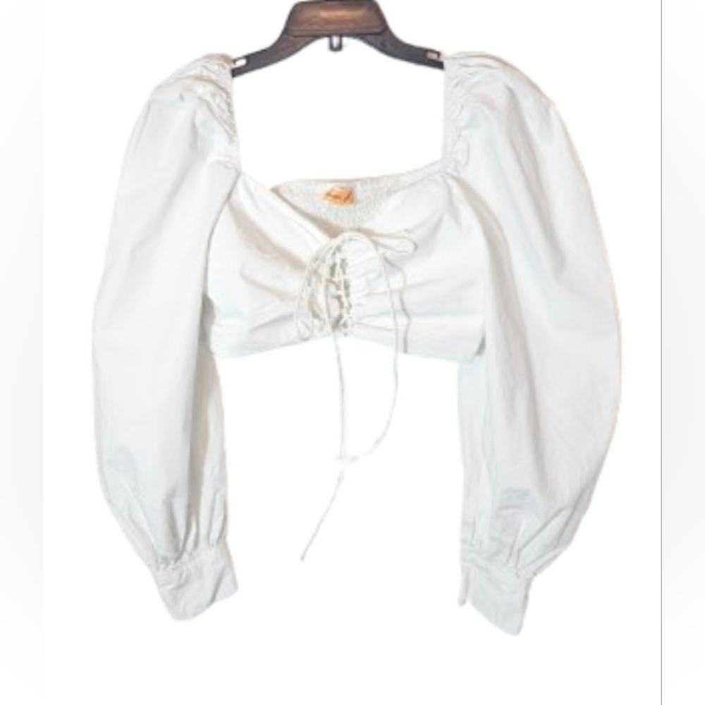 Highlight White Puff Sleeve Ruched Tie Front Crop Top Women's Size Medium